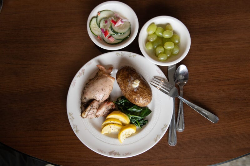 Three dishes of food on table